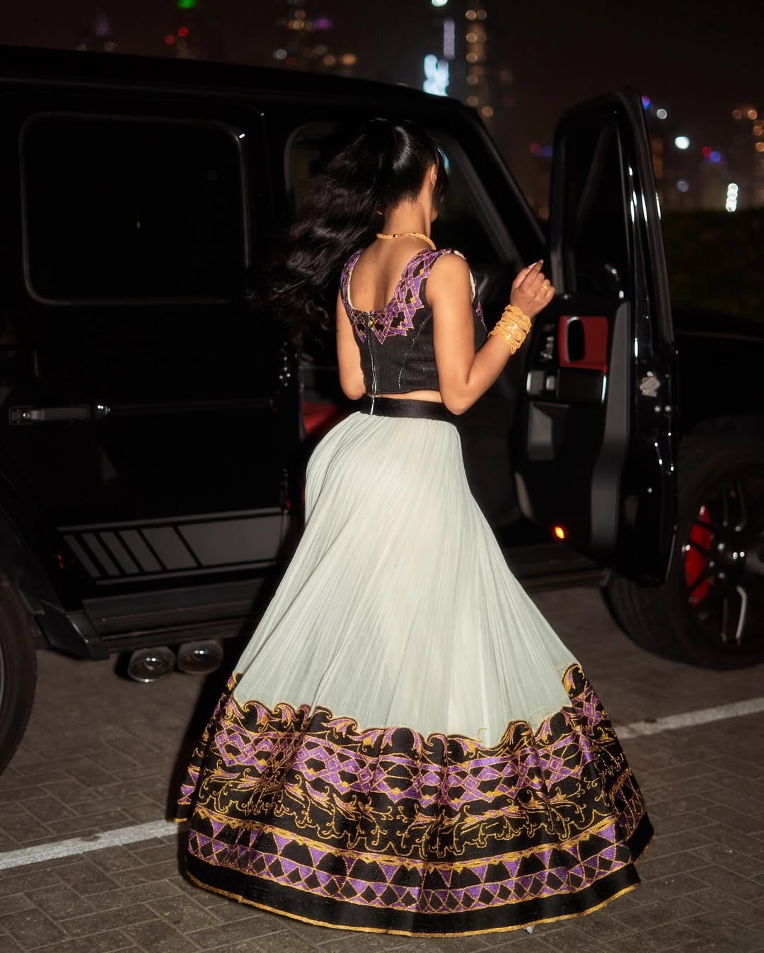 Dashing Dark Top and Skirt Set Habesha Dress: with Purple and Golden Embroidery Traditional Ethiopian Dress Pretty Habesha Kemis