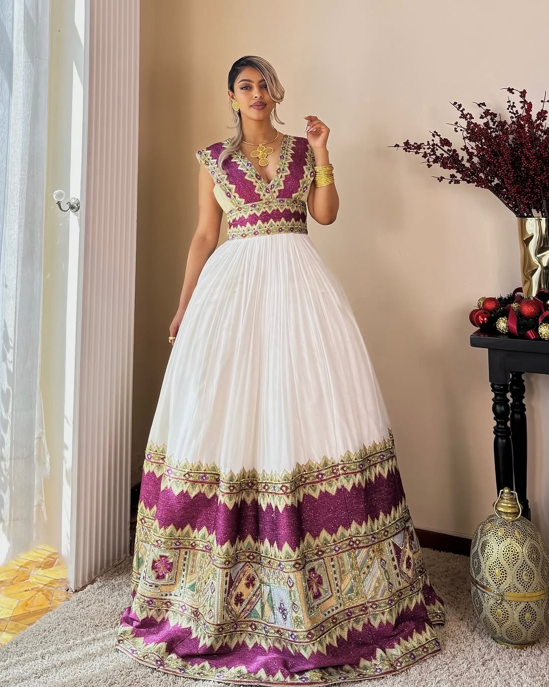 Fashionable Purple and Gray Traditional Ethiopian Dress: Wider Hemline Habesha Dress Elegantly Flowy Habesha Kemis