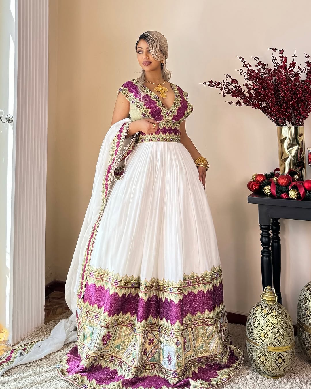 Fashionable Purple and Gray Traditional Ethiopian Dress: Wider Hemline Habesha Dress Elegantly Flowy Habesha Kemis