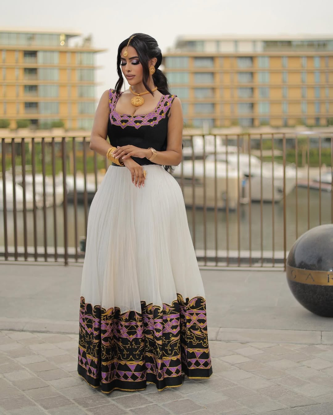 Dashing Dark Top and Skirt Set Habesha Dress: with Purple and Golden Embroidery Traditional Ethiopian Dress Pretty Habesha Kemis