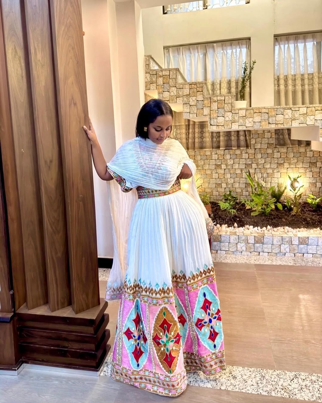 Multicolored Beauty on Traditional Ethiopian Dress: Beautiful Bead Work on Habesha Dress Handmade Ethiopian Clothing