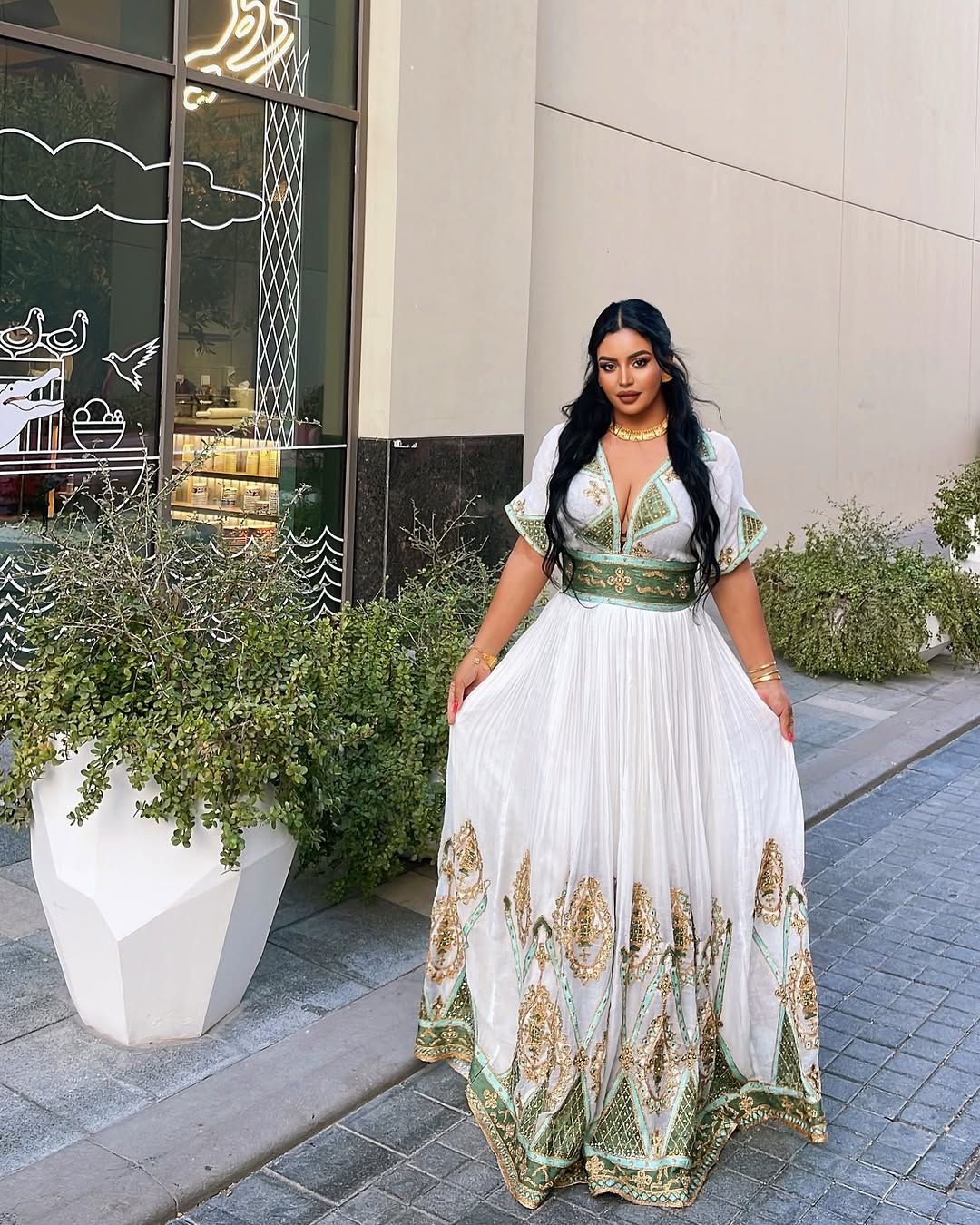 Stylish Multicolored Traditional Ethiopian Dress: Pretty Golden Detailing on Habesha Dress for Big Events Habesha Kemis