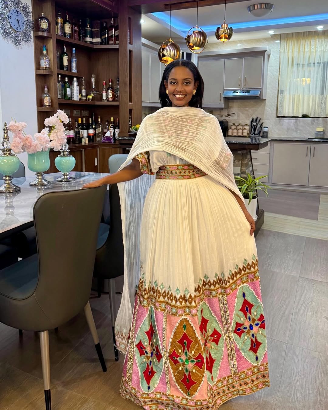 Multicolored Beauty on Traditional Ethiopian Dress: Beautiful Bead Work on Habesha Dress Handmade Ethiopian Clothing