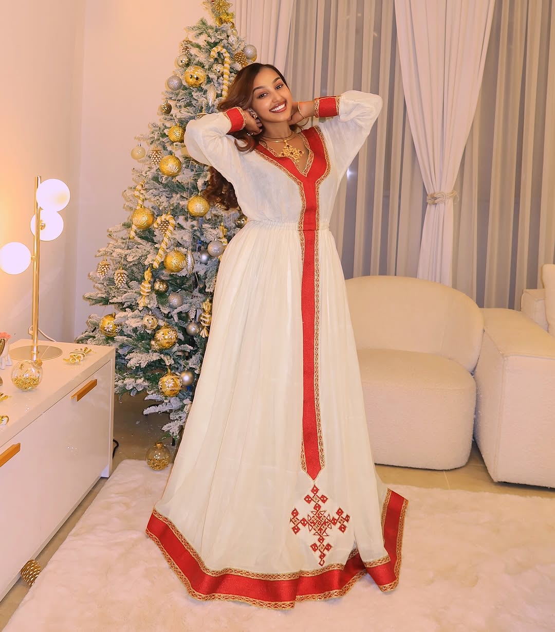 Radiant Red Habesha Dress: Handstitched Cross Embroidery on Traditional Ethiopian Dress for Your Next Celebration Eritrean Clothing