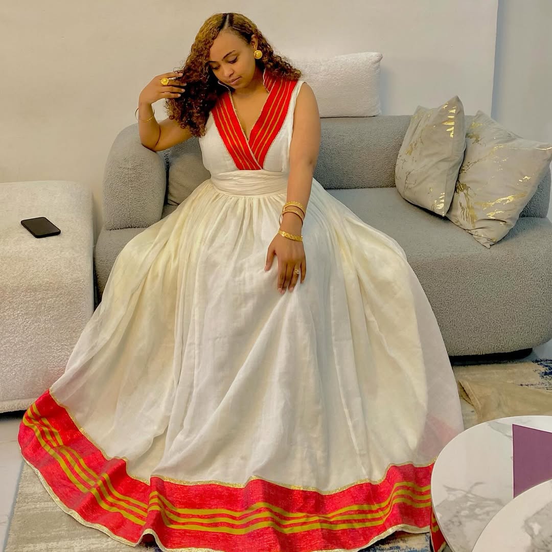 Cultural Excellence in Red Habesha Cloth: Vibrant Golden Embroidery Traditional Dress Tailored for Every Event Ethiopian Dress