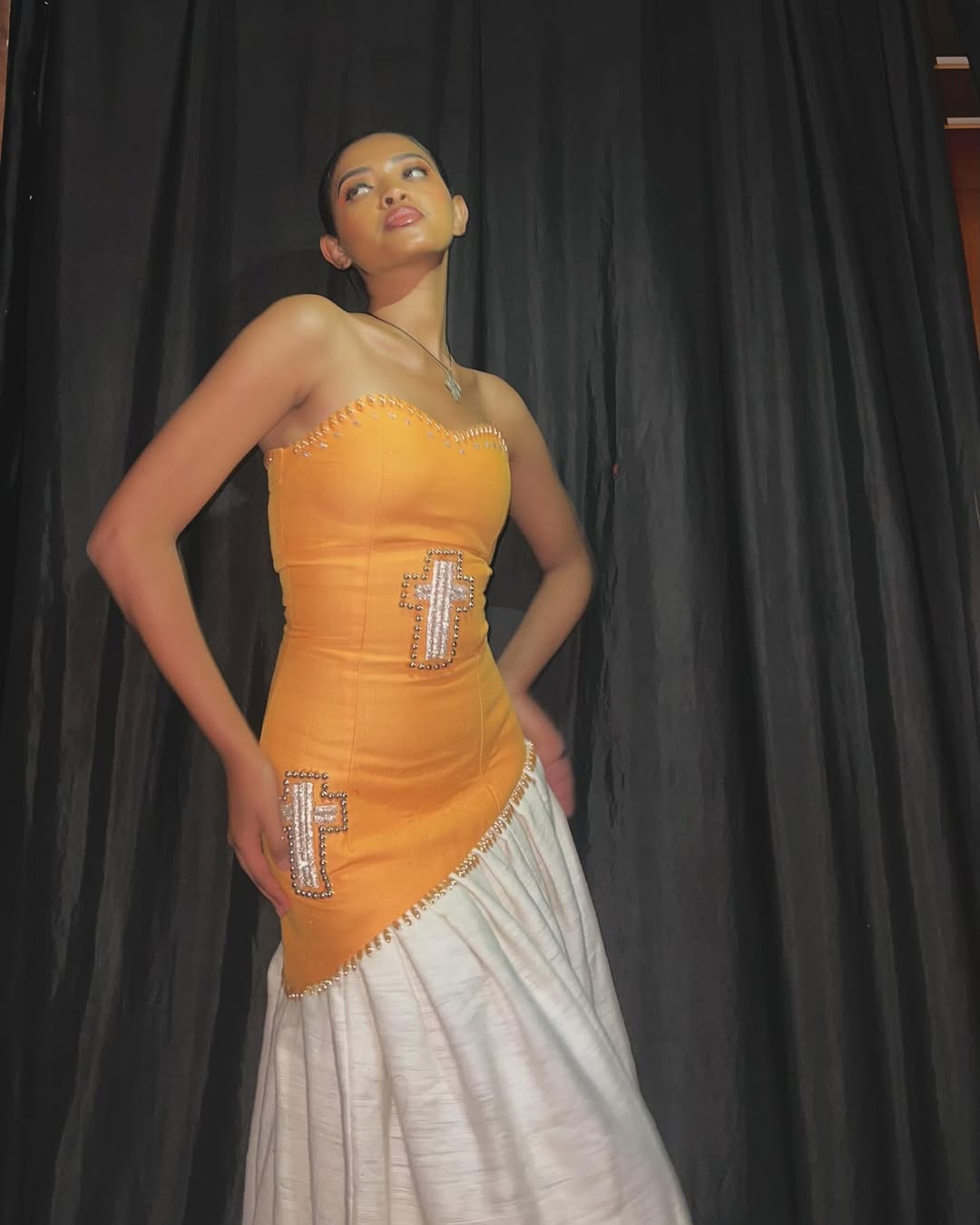 Modern Strapless Orange Traditional Ethiopian Dress: Colorful Cross Ornaments on Habesha Dress Stylish Habesha Kemis