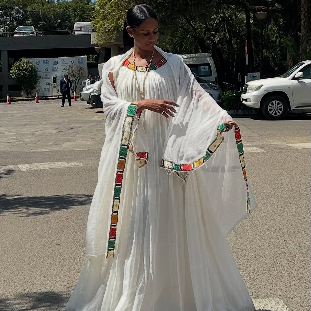 Beautiful Vintage White Habesha Dress: with Thin Handmade Embroidery Traditional Ethiopian Dress Flowy Cultural Dress Ethiopian Clothing