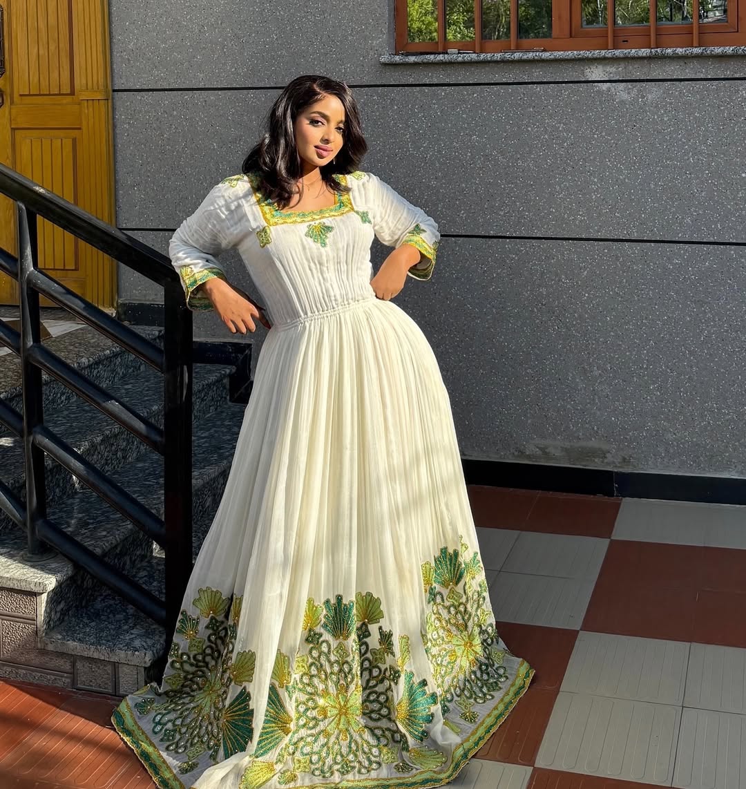 Appealing Green Traditional Ethiopian Dress: with Beaded Flowery Detailing Habesha Dress Gorgeous Eritrean Dress