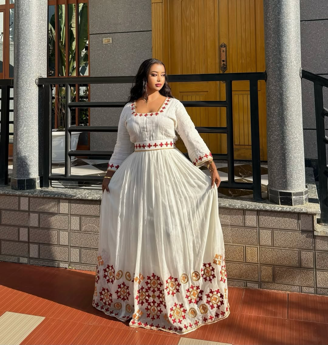 Lovely Red and Golden Ethiopian Dress: Round Cross Handcrafted Embroidery Traditional Ethiopian Dress Chic Ethiopian Clothing