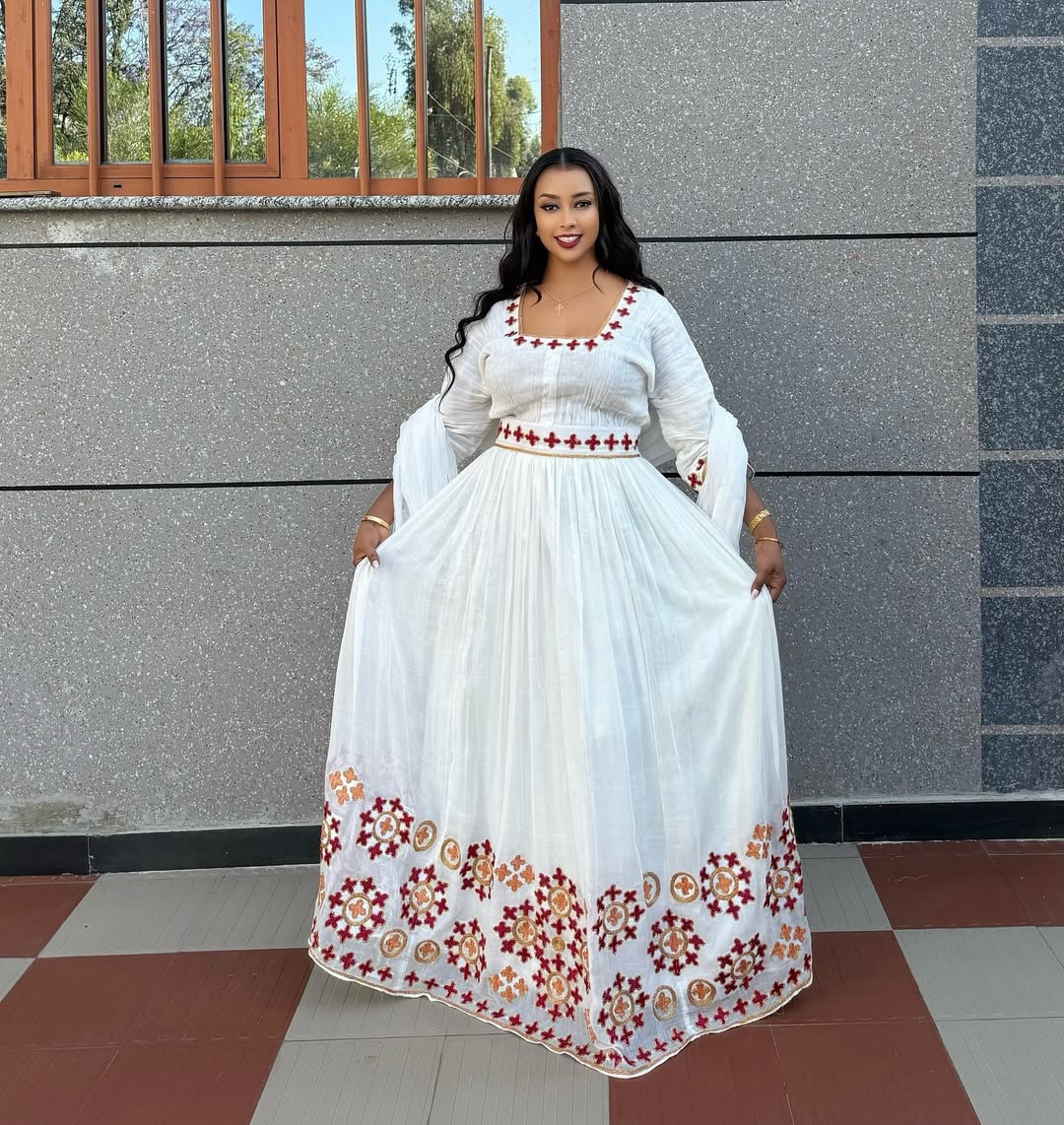 Lovely Red and Golden Ethiopian Dress: Round Cross Handcrafted Embroidery Traditional Ethiopian Dress Chic Ethiopian Clothing