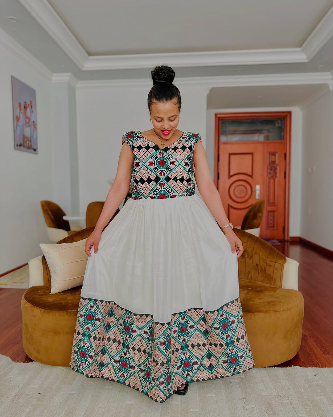 Flattering Sophisticated Embroidery on Traditional Dress: Colorful Handcrafted Ethiopian Clothing for Every Occasions Habesha Kemis