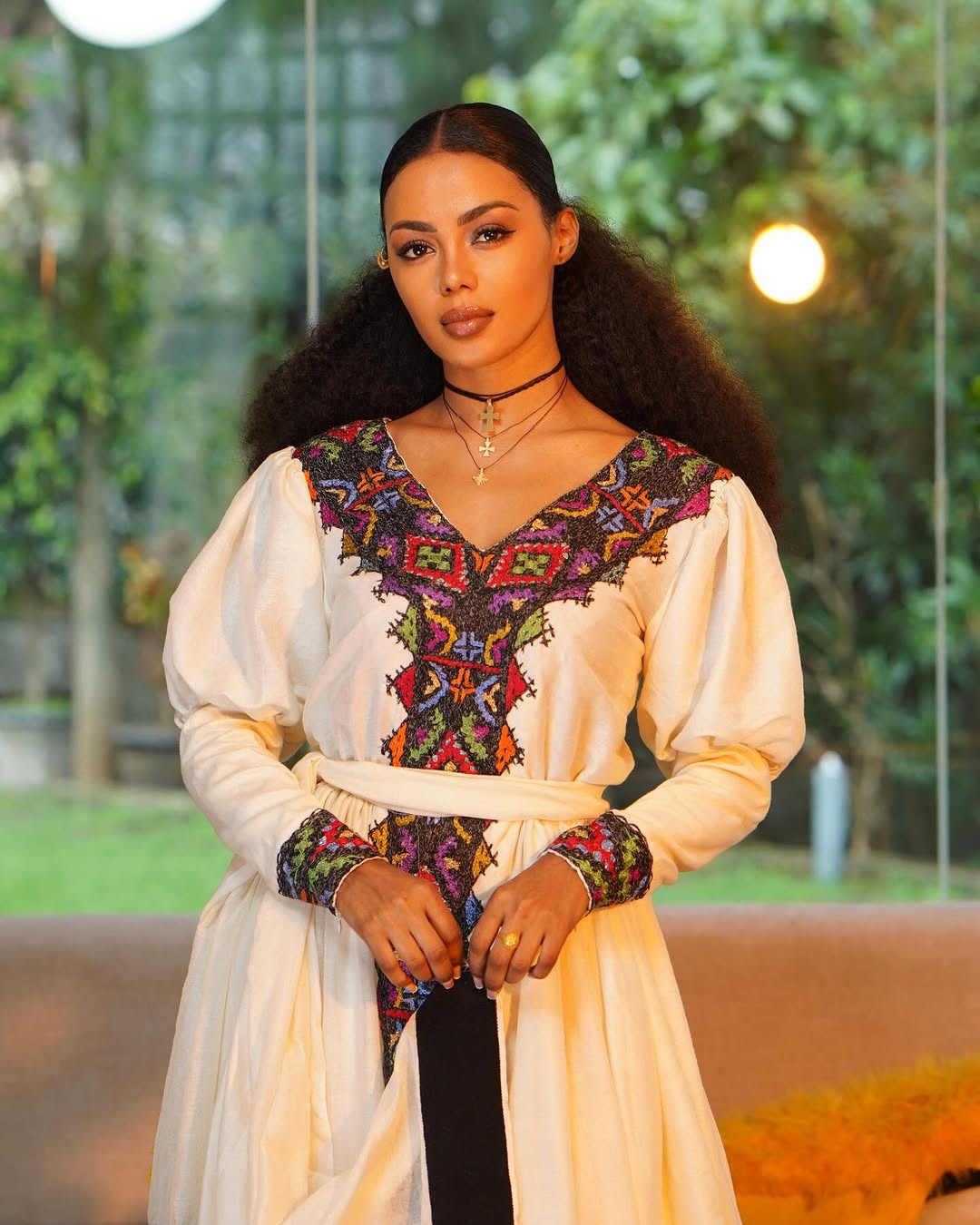 Simple Look with Dark Traditional Ethiopian Dress: Colorful Handwoven Patterns on Habesha Cloth for Cultural and Religious Events Eritrean Dress