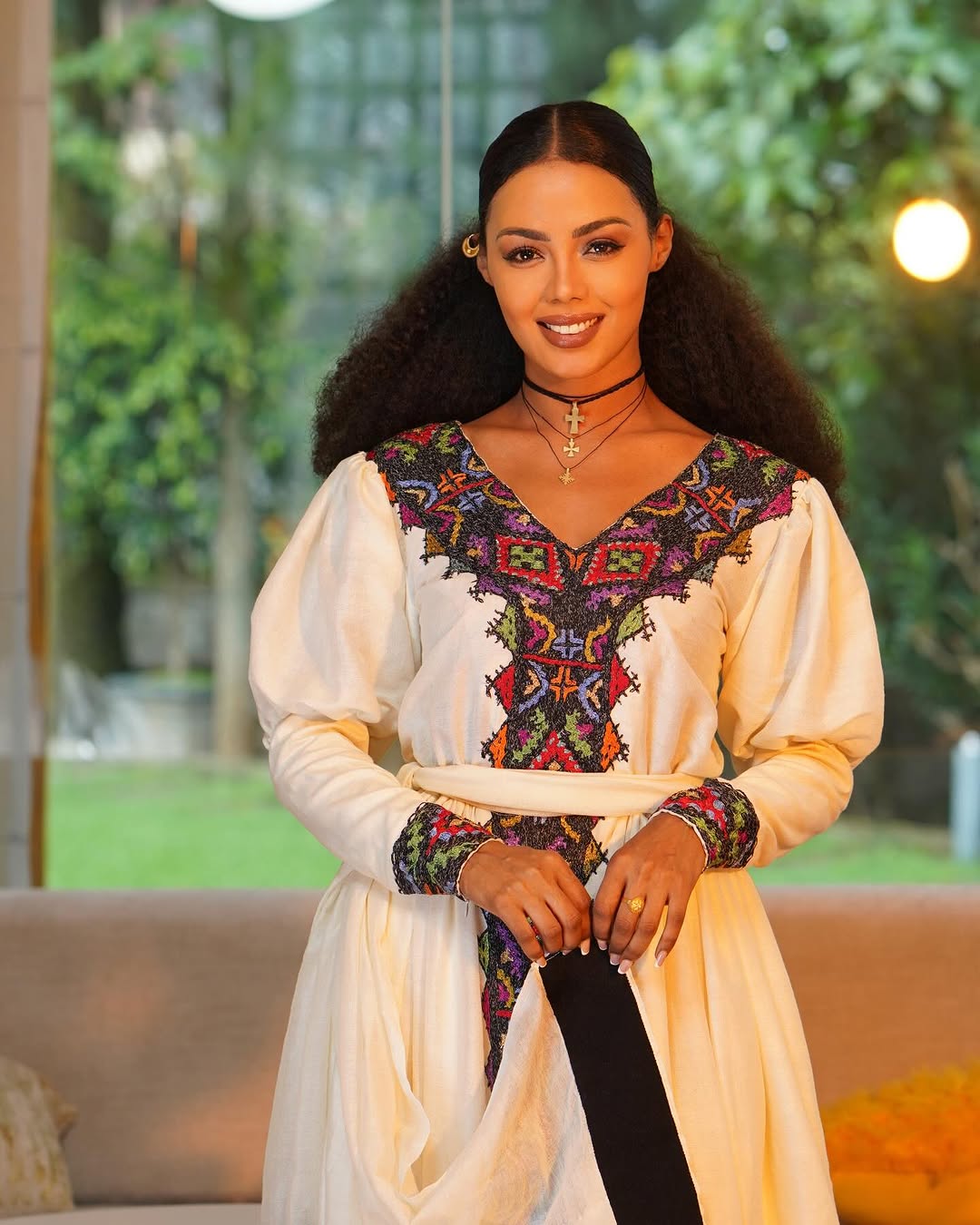 Simple Look with Dark Traditional Ethiopian Dress: Colorful Handwoven Patterns on Habesha Cloth for Cultural and Religious Events Eritrean Dress