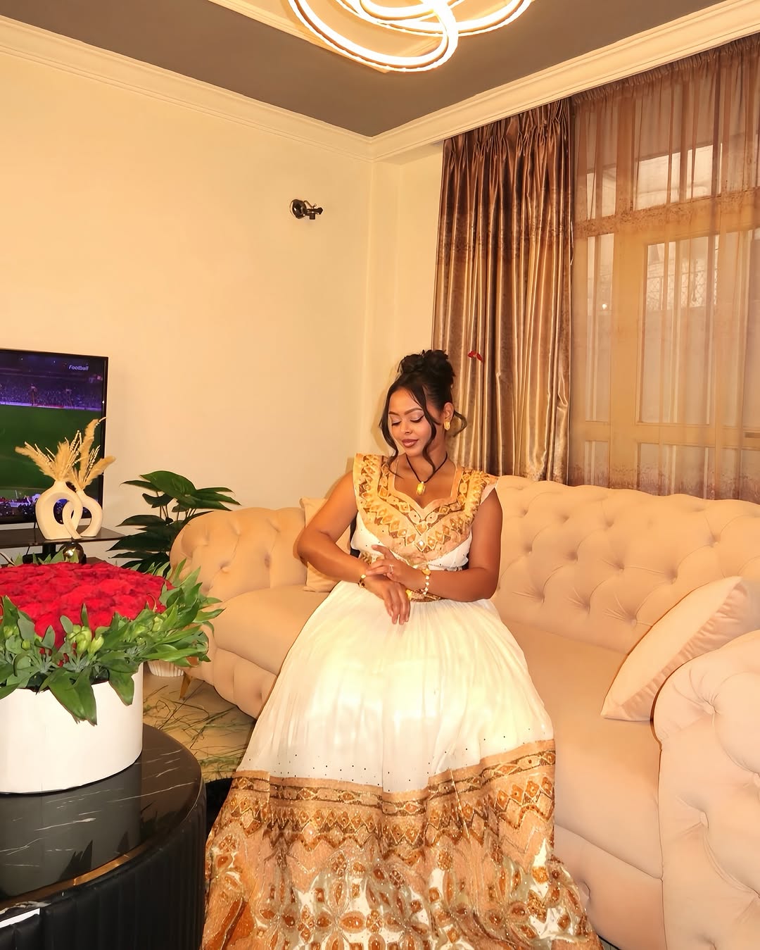 Glamourous Golden Traditional Ethiopian Dress: Shimmering Design on Eritrean Dress Elegant Ethiopian Clothing