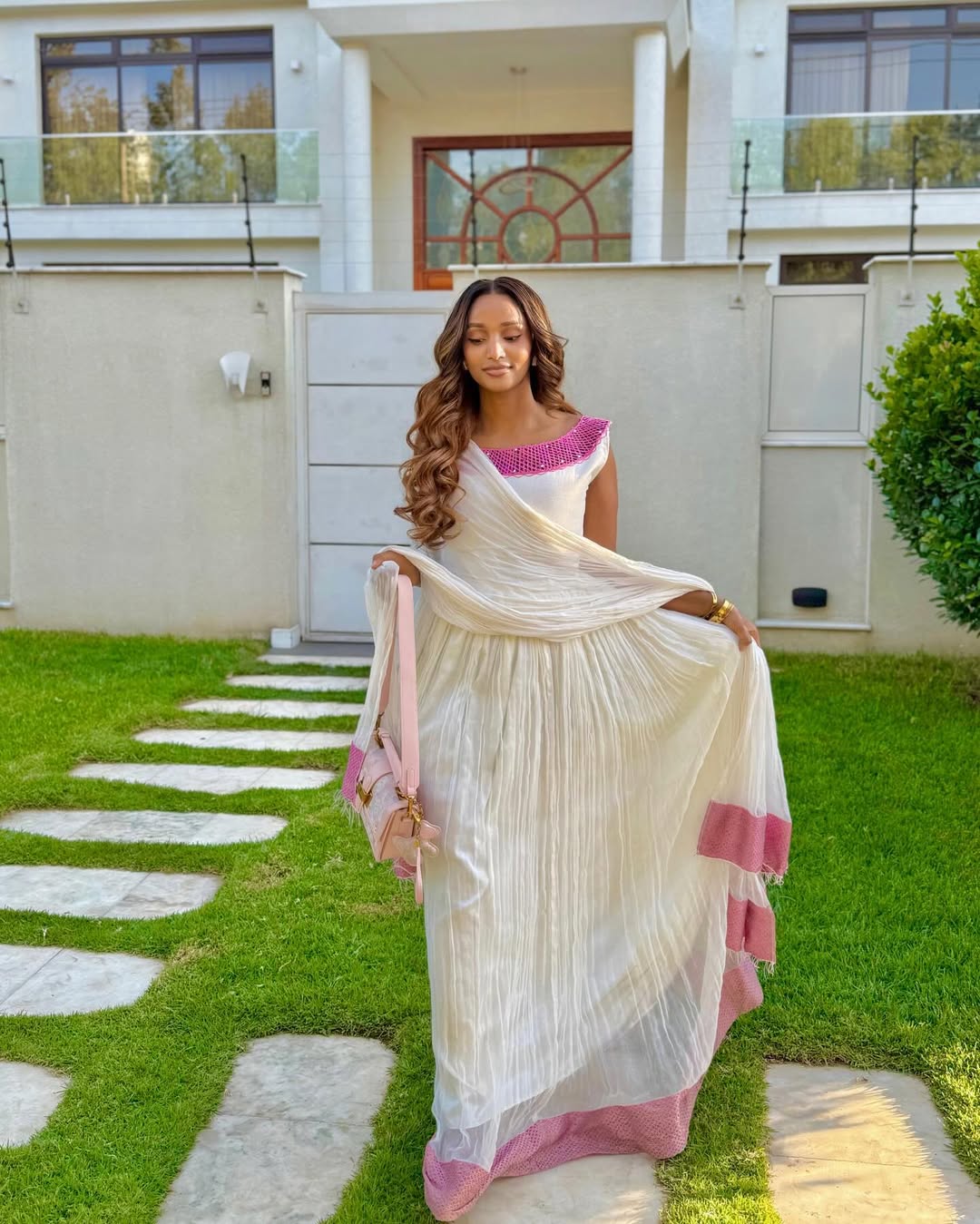 pink ethiopian dress open lace back dress Simple Pink Habesha Dress