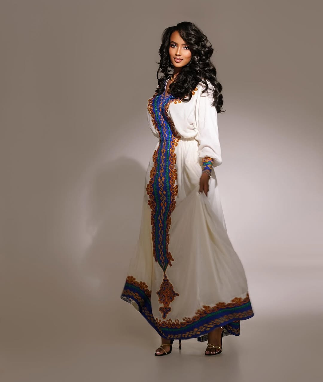 Appealing Blue Traditional Ethiopian Dress: with Golden Detailing Habesha Cloth for Huge Celebrations Eritrean Dress