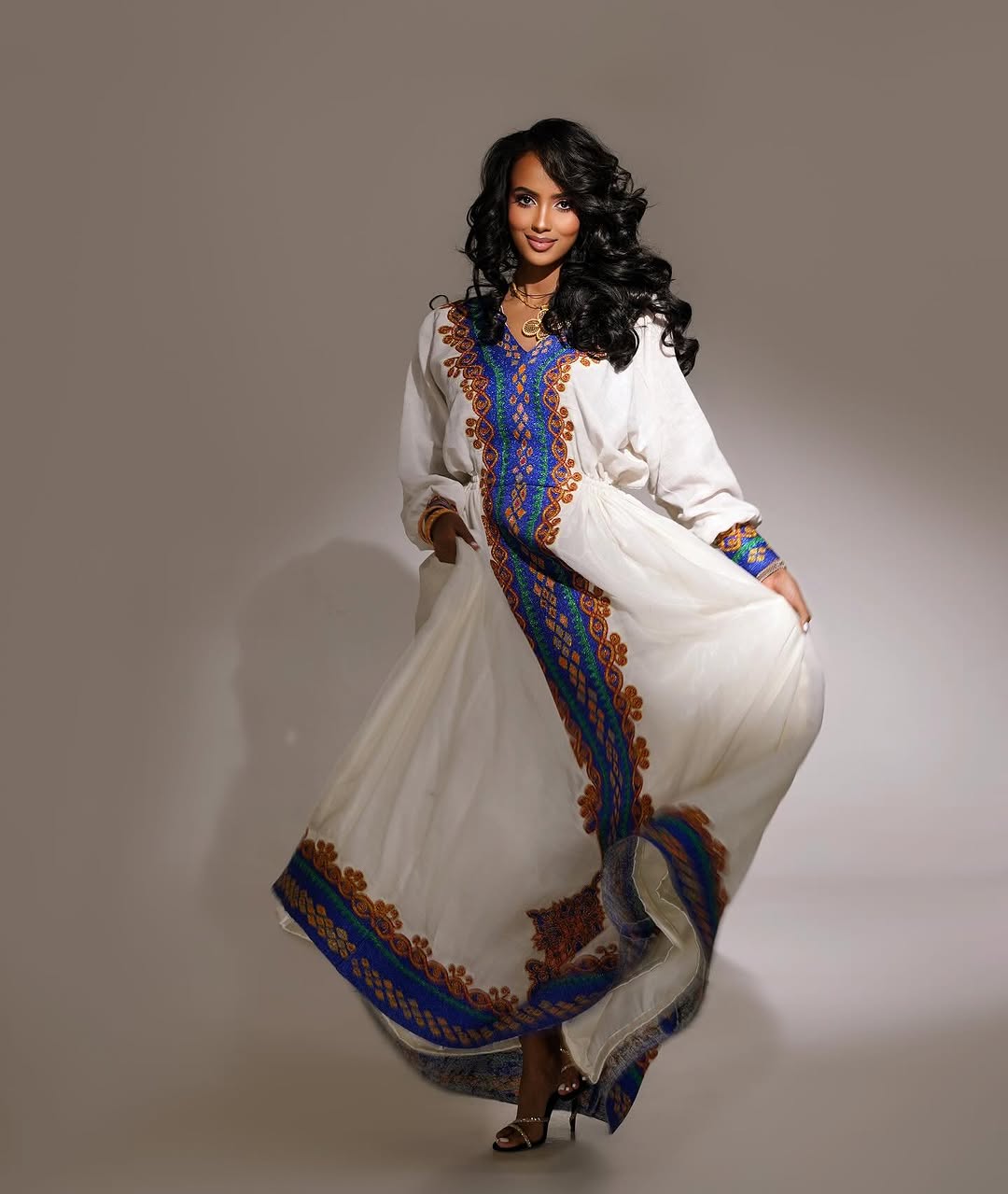 Appealing Blue Traditional Ethiopian Dress: with Golden Detailing Habesha Cloth for Huge Celebrations Eritrean Dress