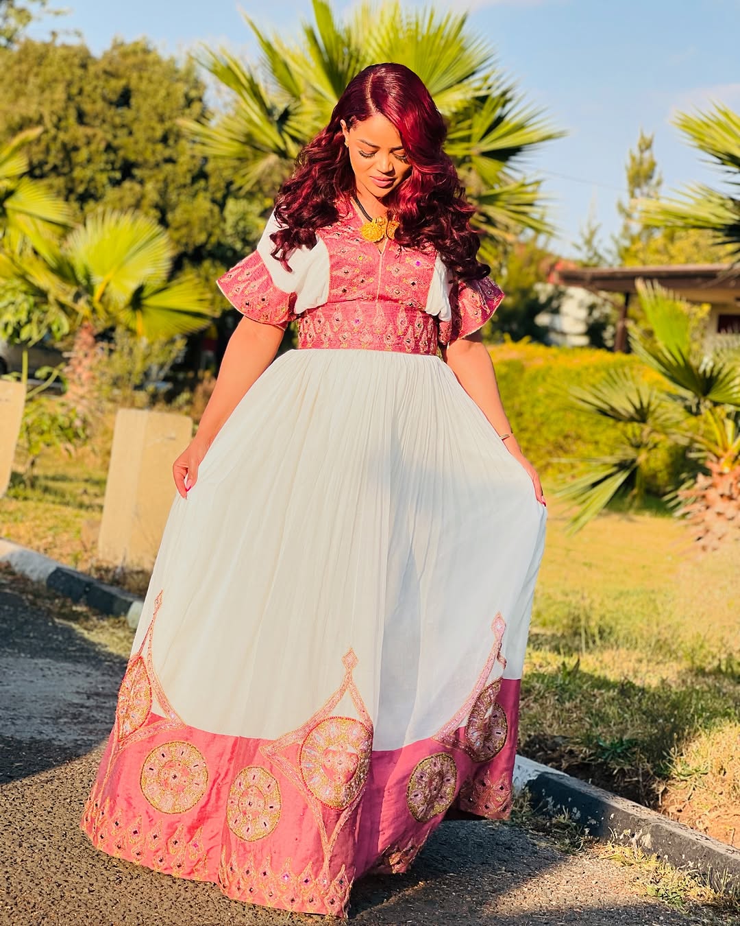 Fashionable Red Traditional Ethiopian Dress: Golden and Black Embellishments Habesha Dress for Cultural Look Habesha Kemis