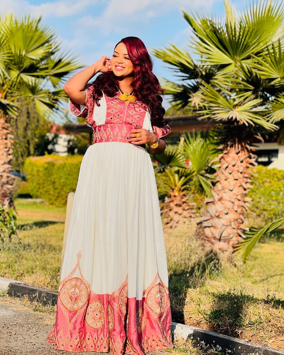 Fashionable Red Traditional Ethiopian Dress: Golden and Black Embellishments Habesha Dress for Cultural Look Habesha Kemis