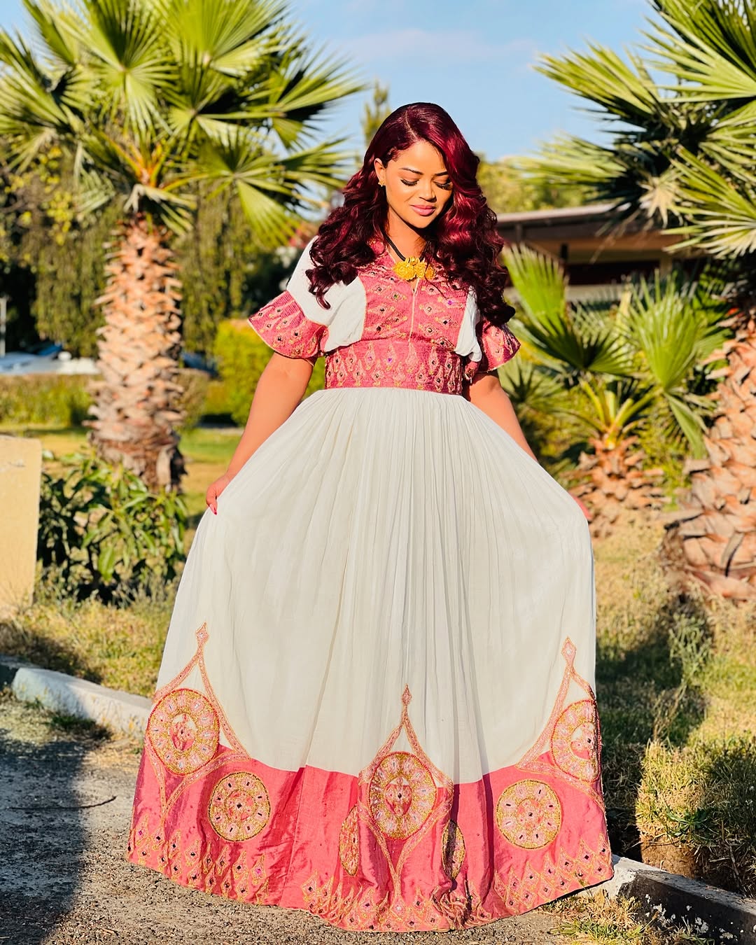Fashionable Red Traditional Ethiopian Dress: Golden and Black Embellishments Habesha Dress for Cultural Look Habesha Kemis