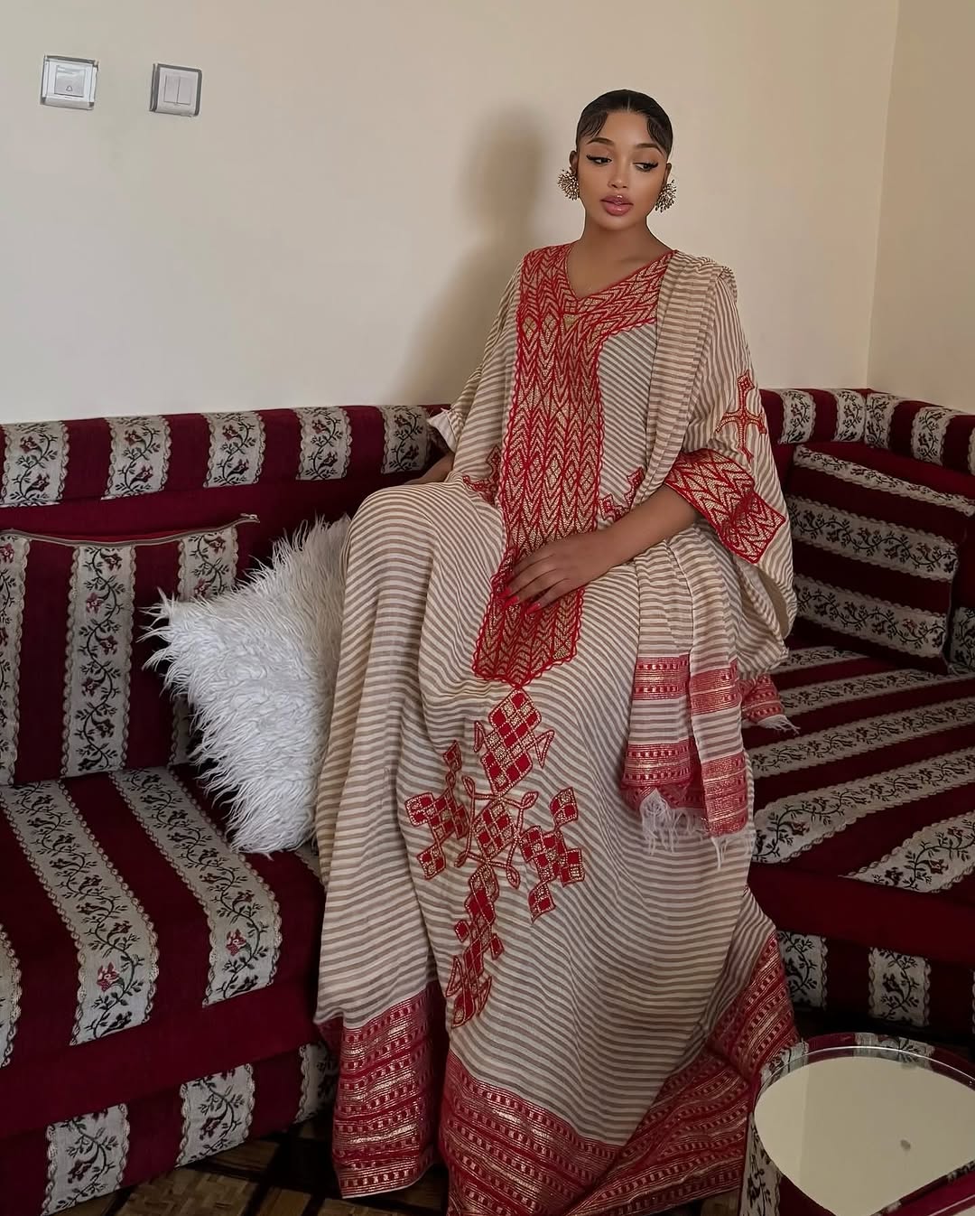 Fashionable Beige Ethiopian Dress: with Red Wide Habesha Clothing Handmade Excellence for Any Events Eritrean Dress