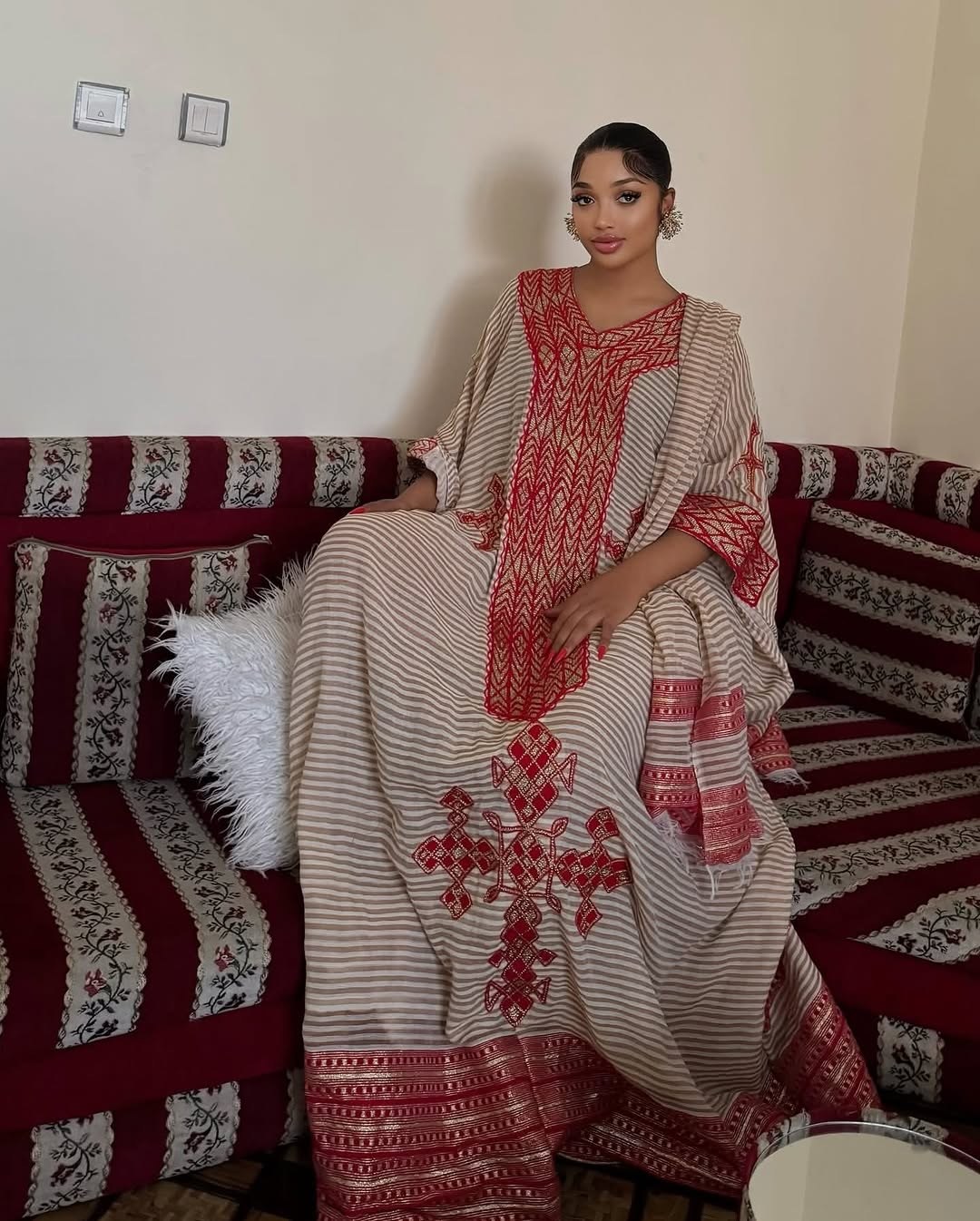 Fashionable Beige Ethiopian Dress: with Red Wide Habesha Clothing Handmade Excellence for Any Events Eritrean Dress