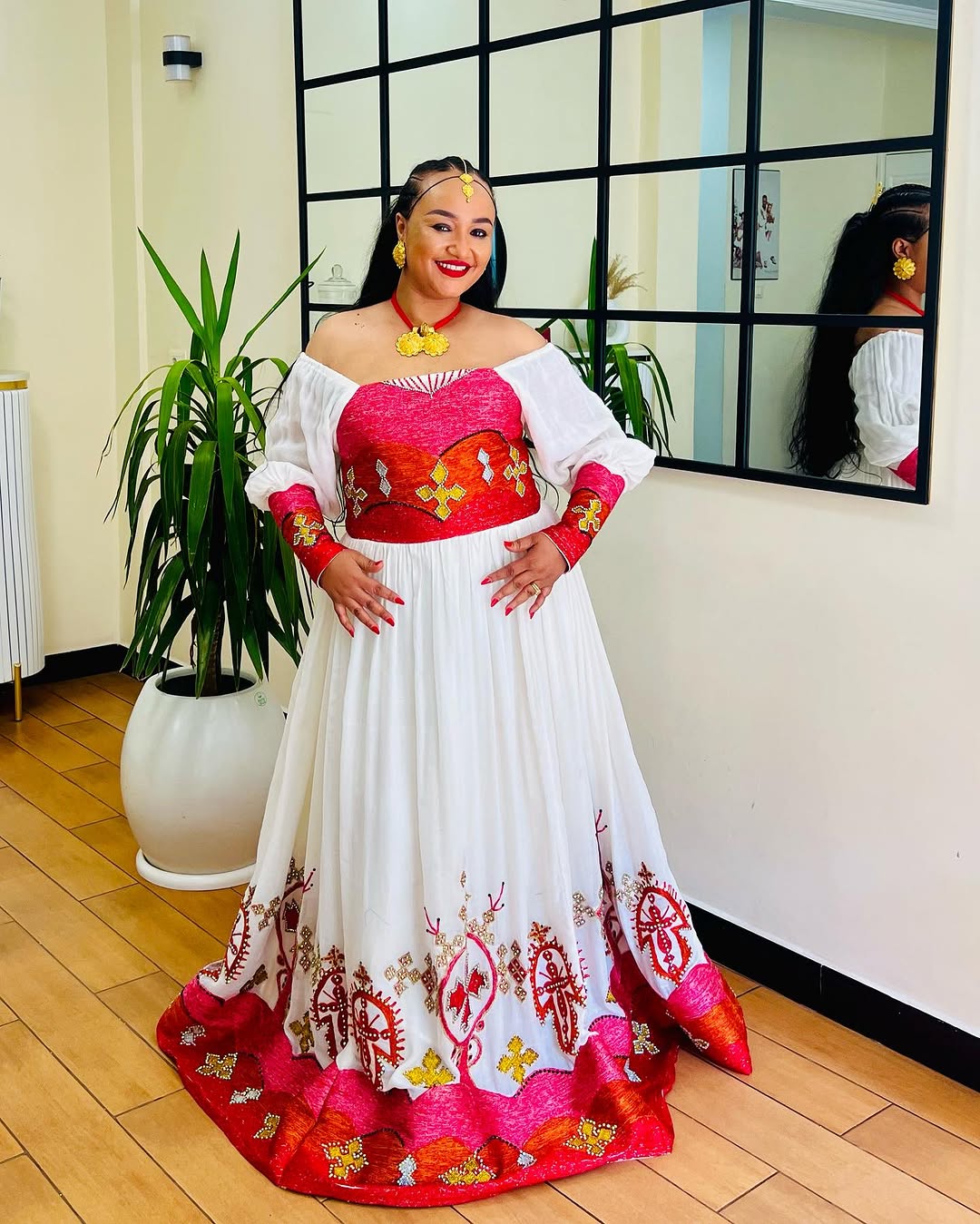 Classic Off Shouldered Pink and Red Habesha Dress: with Golden Cross Embellishments Traditional Ethiopian Dress Modern Habesha Kemis
