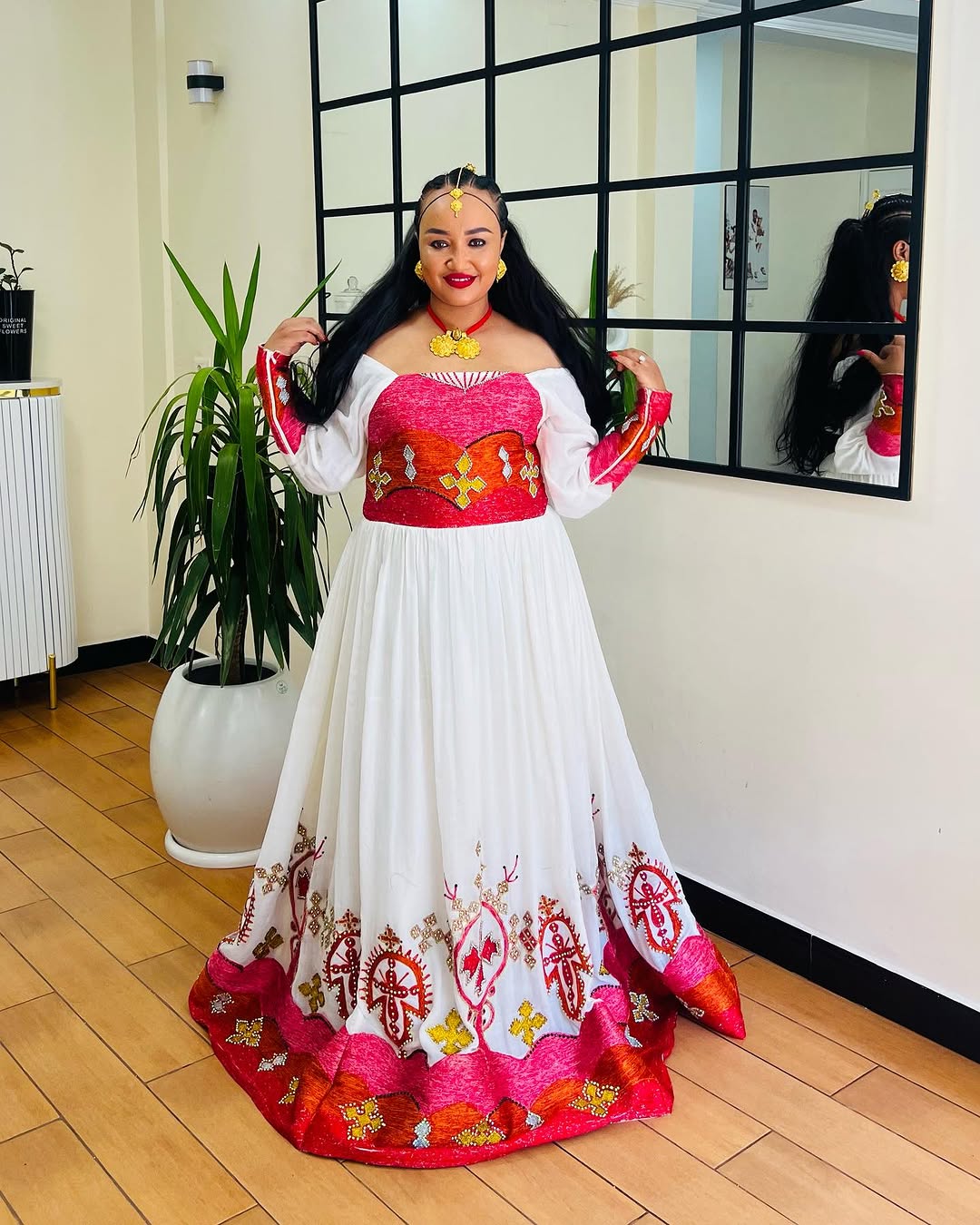 Classic Off Shouldered Pink and Red Habesha Dress: with Golden Cross Embellishments Traditional Ethiopian Dress Modern Habesha Kemis