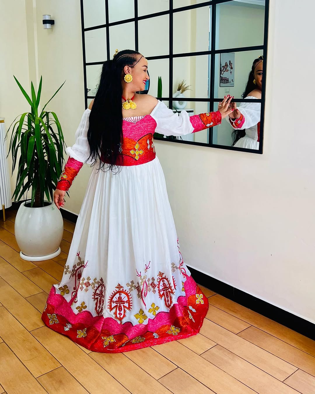 Classic Off Shouldered Pink and Red Habesha Dress: with Golden Cross Embellishments Traditional Ethiopian Dress Modern Habesha Kemis