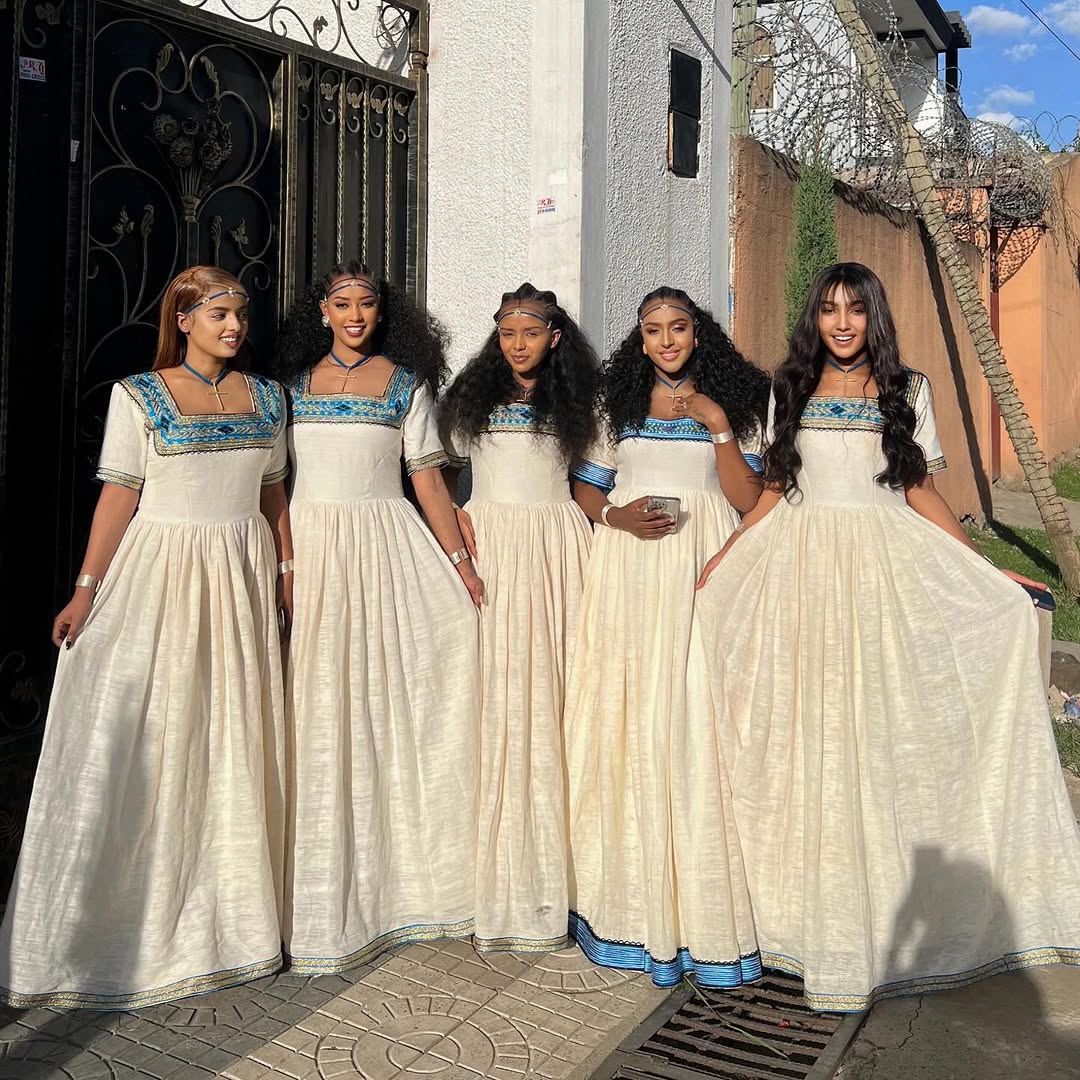 Glamourous Blue Ethiopian Clothing: Short Sleeved Simple Eritrean Dress Chic Ethiopian Traditional Dress