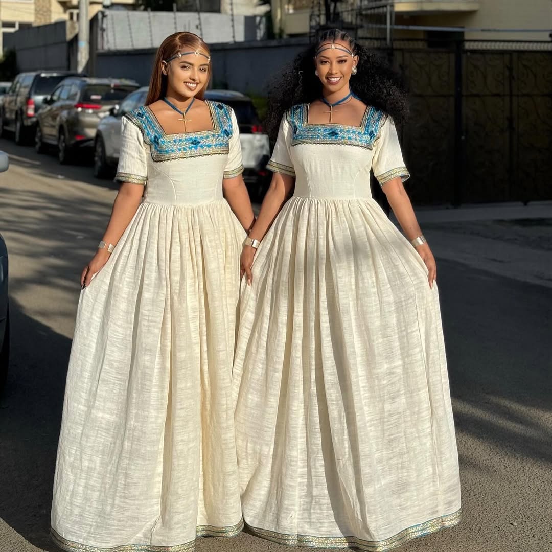 Glamourous Blue Ethiopian Clothing: Short Sleeved Simple Eritrean Dress Chic Ethiopian Traditional Dress