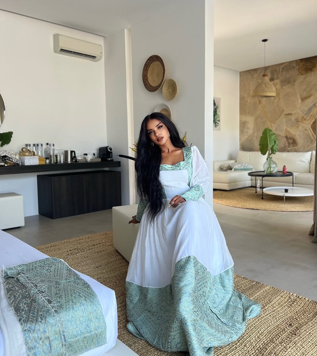 Majestic Light Green Habesha Dress: Handmade Geometric Patterns on Traditional Ethiopian Dress Modern Eritrean Clothing