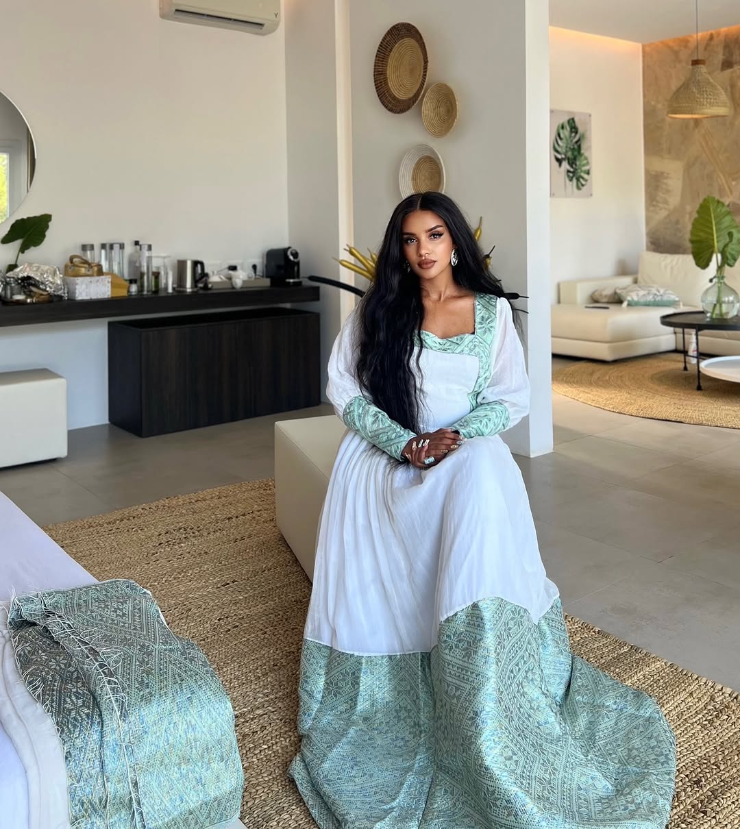 Majestic Light Green Habesha Dress: Handmade Geometric Patterns on Traditional Ethiopian Dress Modern Eritrean Clothing