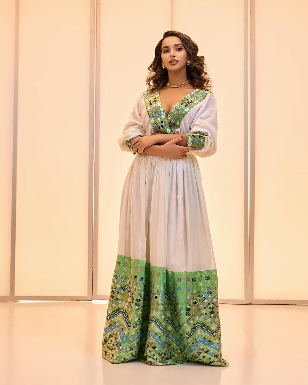 Luxurious Look with Emerald Green Habesha Dress: Multicolored Embellishments on Traditional Ethiopian Cloth Intricately Designed Eritrean Dress S Luxurious Look with Emerald Green Habesha Dress: Multicolored Embellishments on Traditional Ethiopian Cloth Intricately Designed Eritrean Dress S