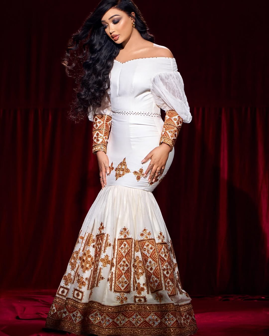 Captivating Mermaid Light Brown Traditional Dress: Golden Handstitched Ornaments Along Habesha Clothing Modern Ethiopian Clothing