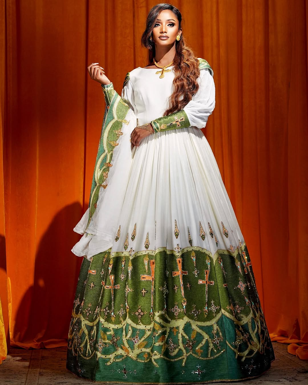 Elegant Green Ethiopian Bridal Habesha Kemis with Wide Embroidery and Detailed Design XL Elegant Green Ethiopian Bridal Habesha Kemis with Wide Embroidery and Detailed Design XL