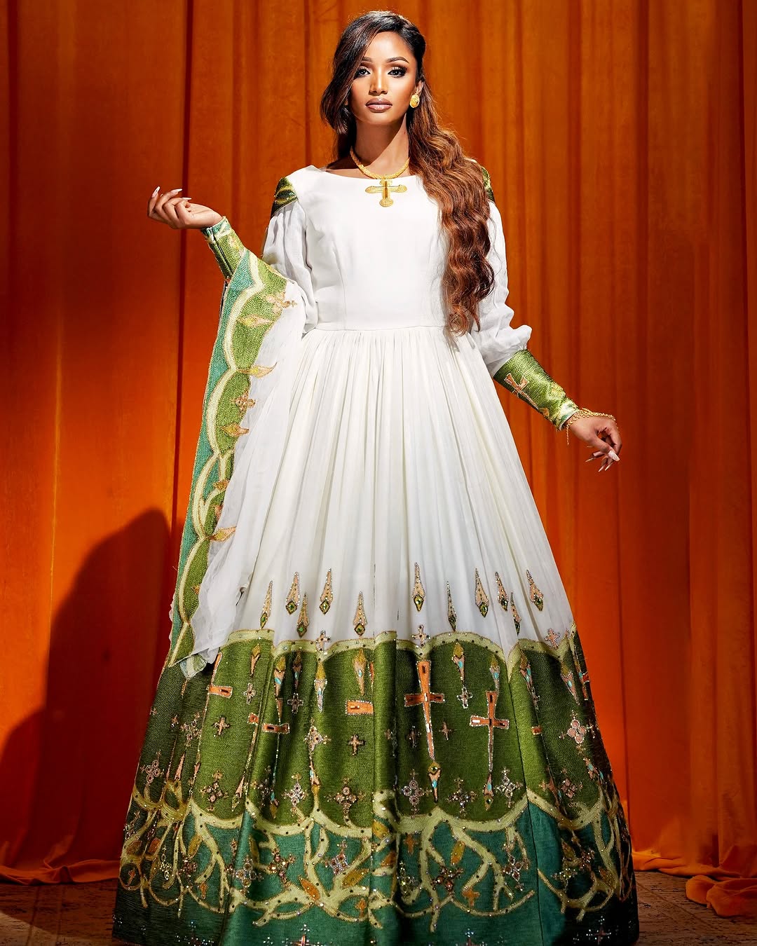Elegant Green Ethiopian Bridal Habesha Kemis with Wide Embroidery and Detailed Design