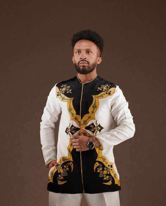Modern Habesha Men's Shirt Graceful Ethiopian Design with Black and Gold Embroidery