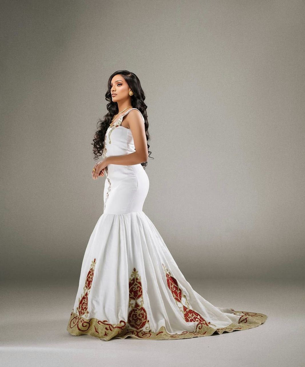 Golden and Red Fitted Habesha Dress with a Mermaid Silhouette featuring stunning design