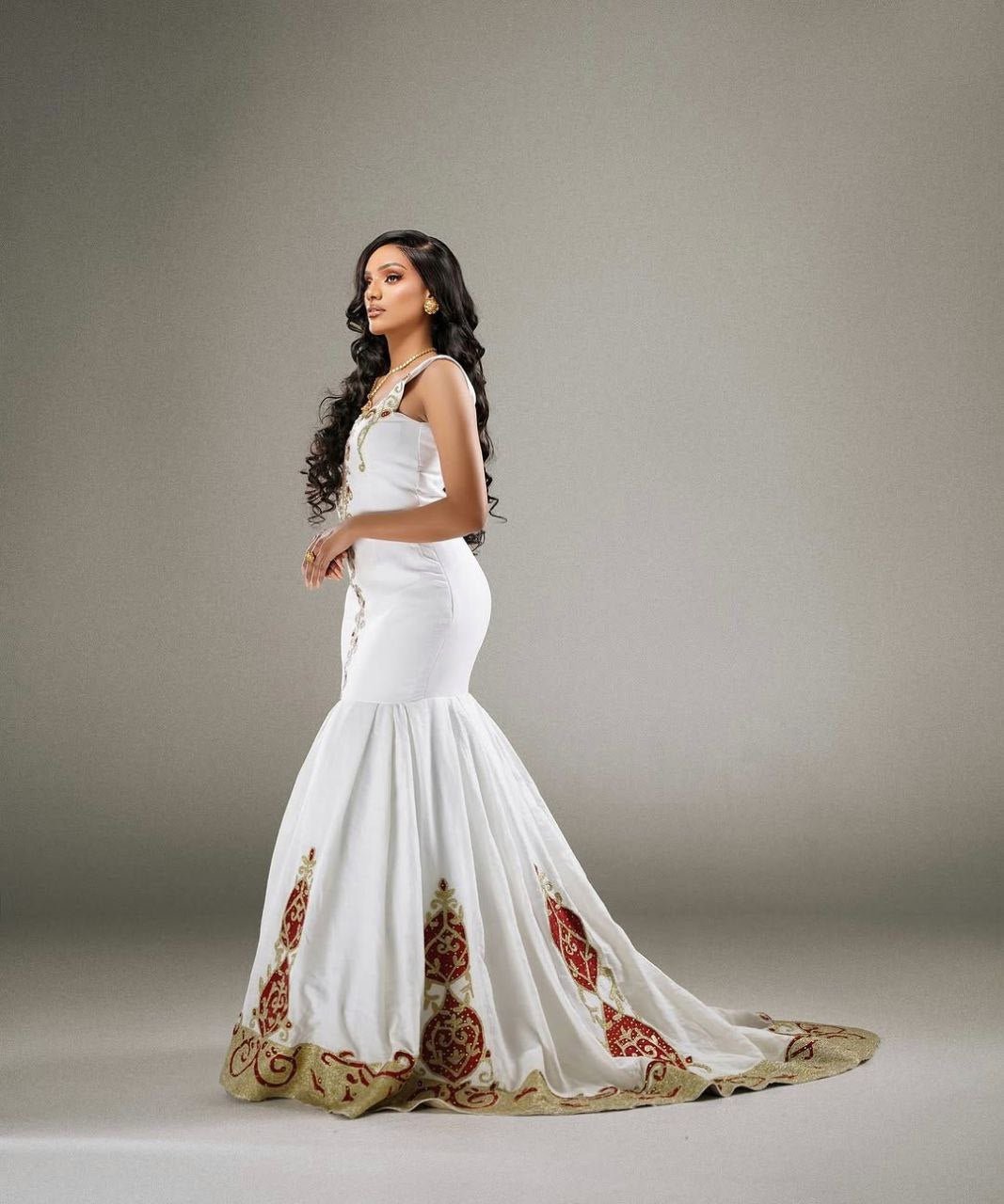 Golden and Red Fitted Habesha Dress with a Mermaid Silhouette featuring stunning design