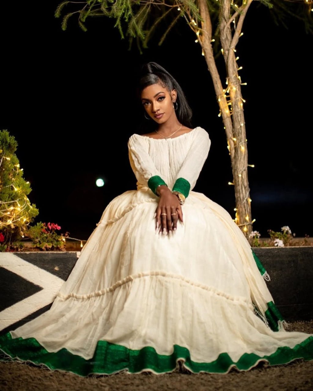 Simple Yet Stunning Habesha Dress with Deep Green Accents and Natural Elegance