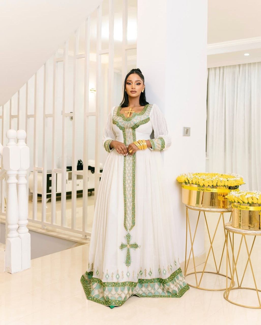 Graceful Traditional Ethiopian Dress with Green & Gold Cross Embroidery for Celebration