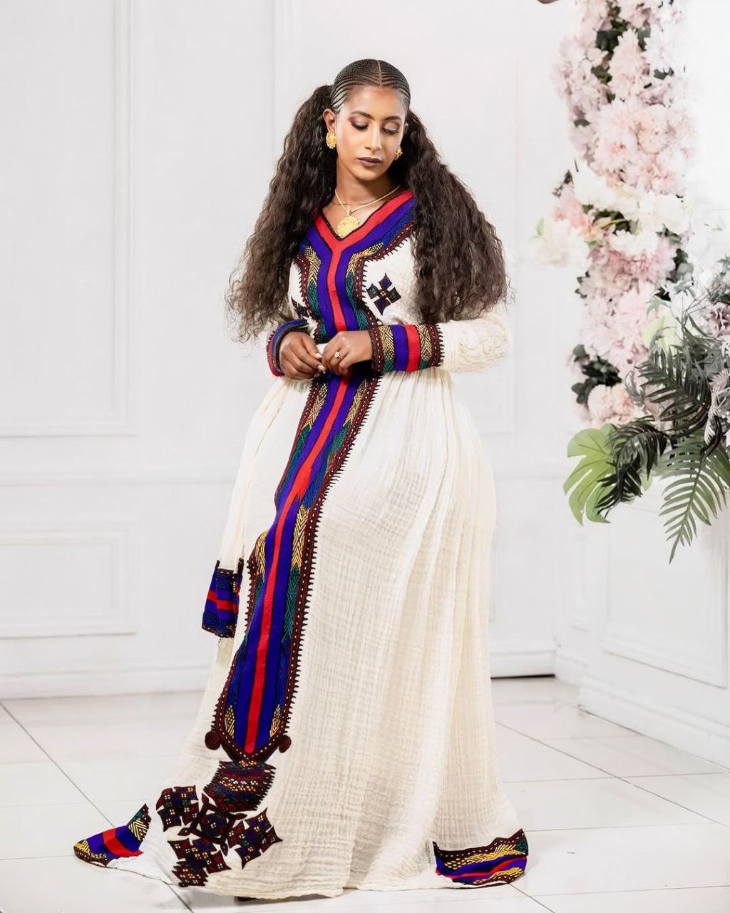Beautiful Habesha Dress with Deep Red and Green Embroidery for Special Celebrations
