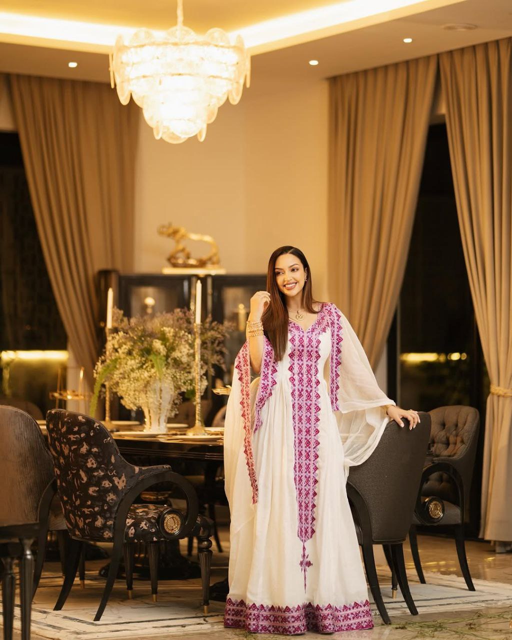 Vibrant Habesha Kemis with Hot Pink Embroidery Traditional Ethiopian Dress for Cultural events