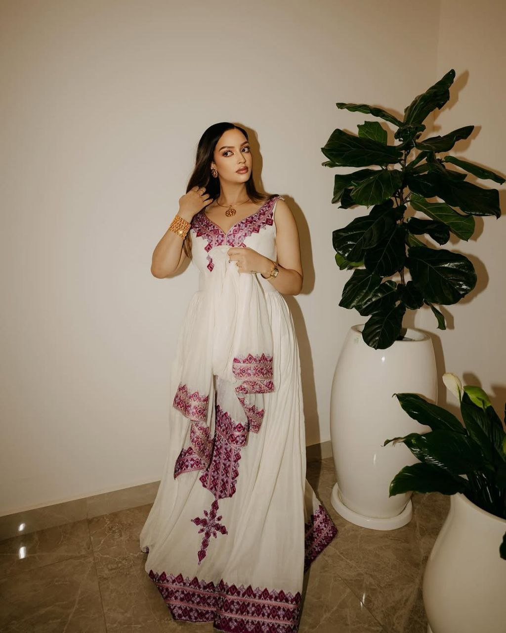 Vibrant Habesha Kemis with Hot Pink Embroidery Traditional Ethiopian Dress for Cultural events