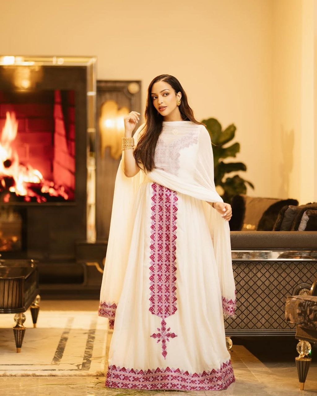Vibrant Habesha Kemis with Hot Pink Embroidery Traditional Ethiopian Dress for Cultural events