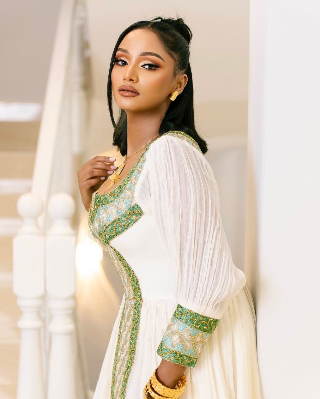 Graceful Traditional Ethiopian Dress with Green & Gold Cross Embroidery for Celebration