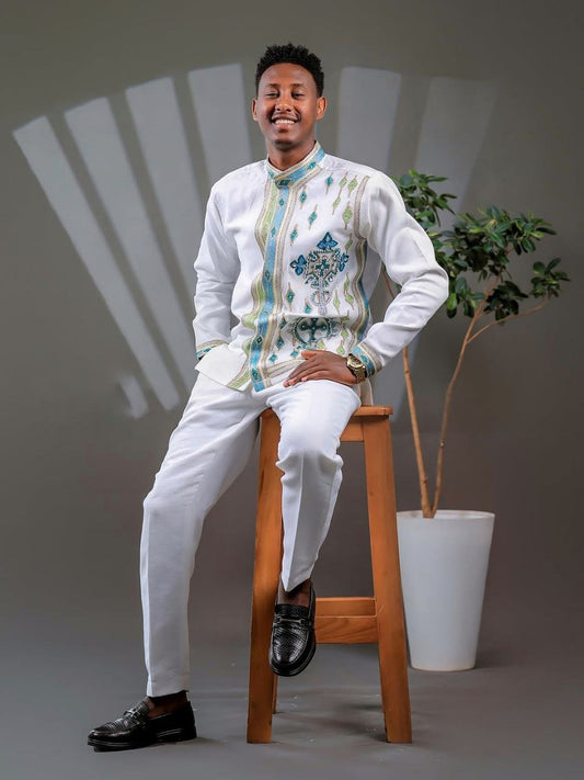 Elegant Ethiopian Men’s Outfit with Blue and Green Cross Motifs for Celebrations