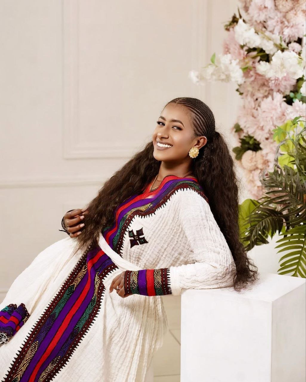 Beautiful Habesha Dress with Deep Red and Green Embroidery for Special Celebrations