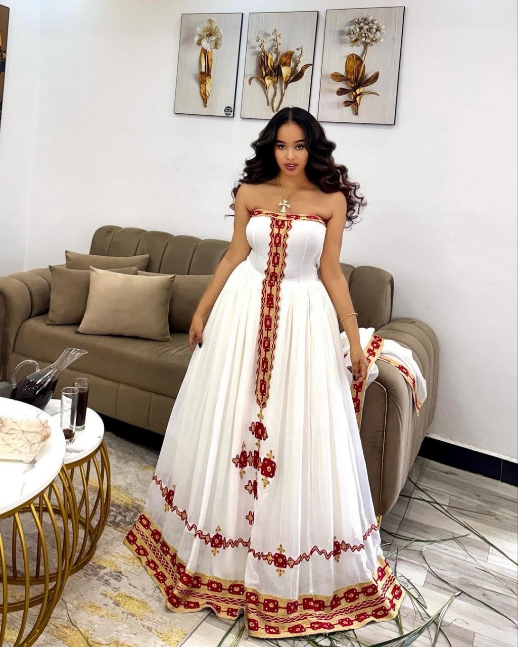 Glamorous Strapless Habesha Kemis with Red Embroidery Modern Ethiopian Dress for Elegant Events